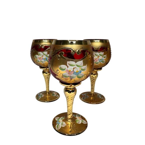 Tre Fuochi Murano Ruby Red Hand Painted Enamel 24KT Gold Overlay Stemware Set-7 - Picture 2 of 10